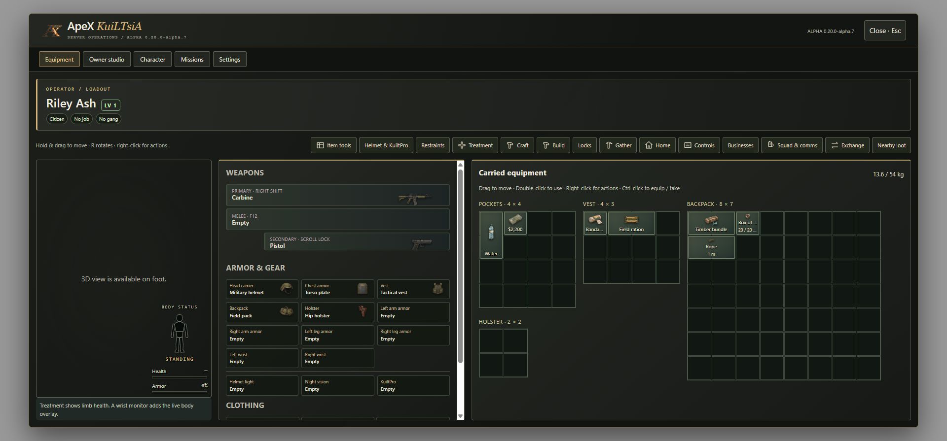 Local release preview of the ApeX inventory with gold and charcoal panels, equipment slots and carried inventory grids