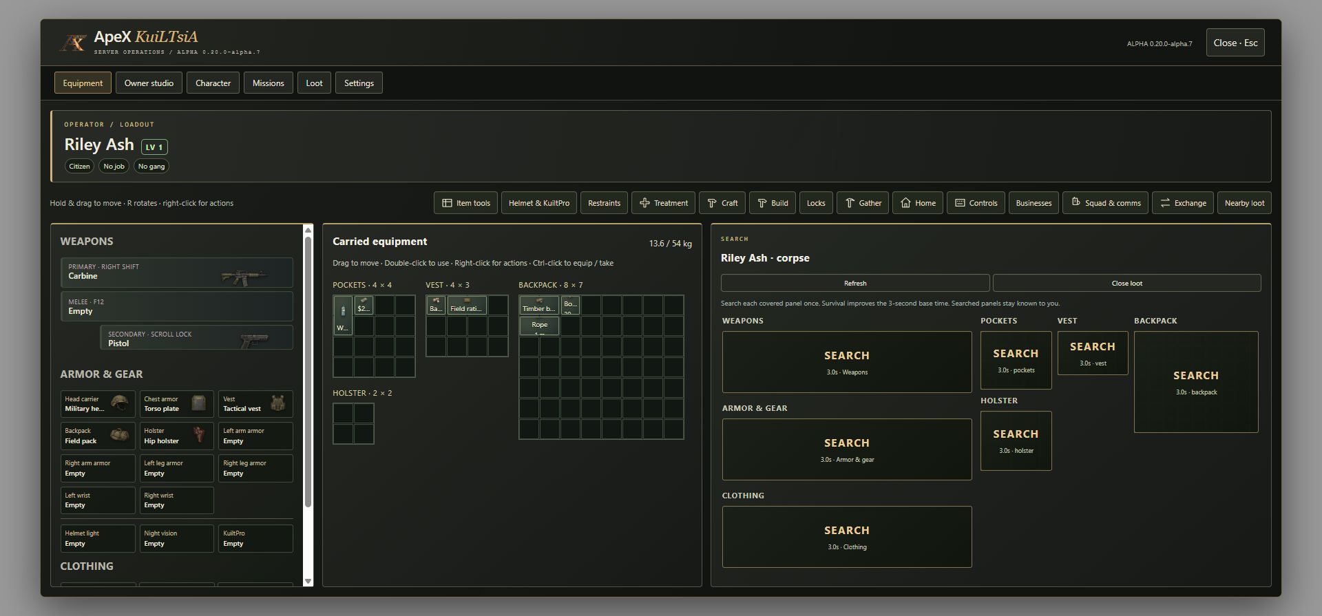 Local release preview showing individual searchable loot panels beside the player's inventory