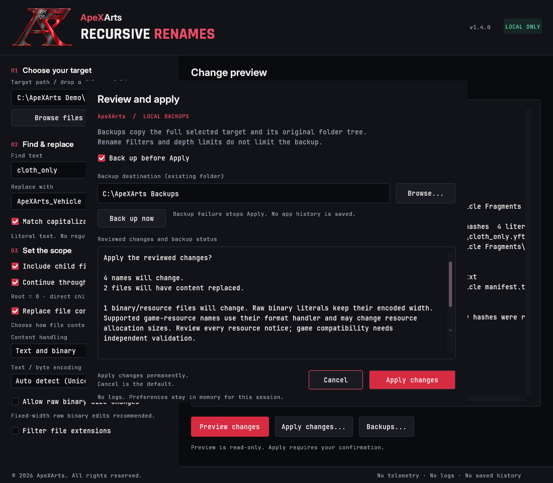 ApeXArts Recursive Renames desktop window showing the backup and Apply preview.